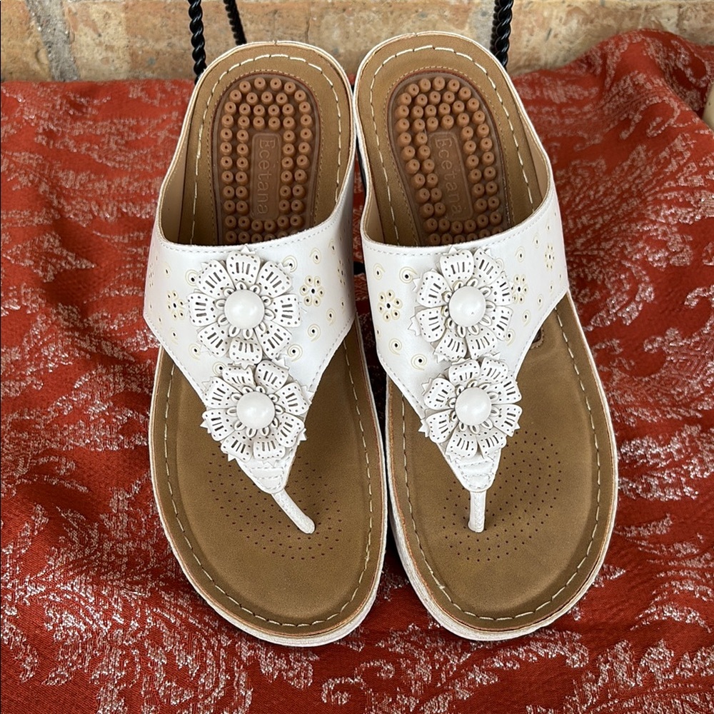 ECETANA White and Tan Sandals with Floral Detailing, Used once.